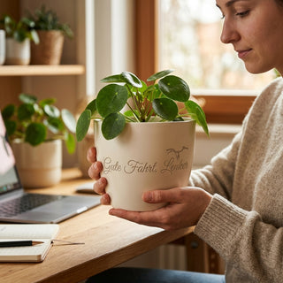 Personalisierter Blumentopf mit Gravur "Gute Fahrt, Lenker" — Geschenk für Fernfahrer — im Wohnambiente