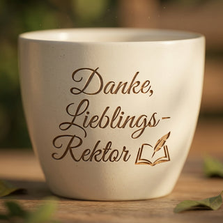 Personalisierter Blumentopf mit Gravur — Danke Geschenk Rektor Verabschiedung — Detailaufnahme