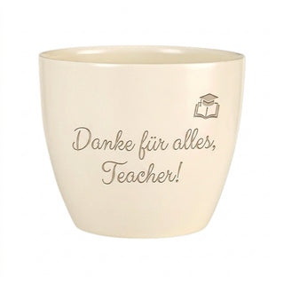Personalisierter Blumentopf — Geschenk Englischlehrer Abschied Dankeschön — Detailansicht der Lasergravur