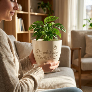 Personalisierter Blumentopf mit Gravur — Geschenk Wachmann Sicherheitsdienst — im Wohnambiente