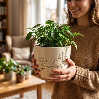 Personalisierter Blumentopf mit Gravur — Geschenk Richterin zur Berufung — im Wohnambiente