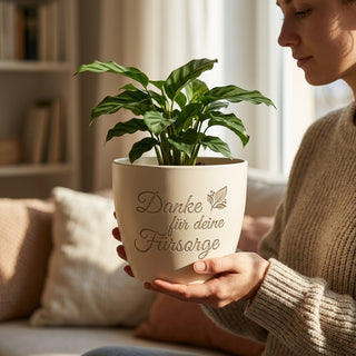 Personalisierter Blumentopf mit Gravur — Danke Geschenk für Pflegerin — im Wohnambiente