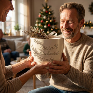 Personalisierter Blumentopf mit Gravur — Danke Geschenk für Goldschmied — als persoenliche Geschenk-Uebergabe
