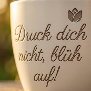 Personalisierter Blumentopf mit Gravur — Geschenk Drucker Abschied Karriere — Detailaufnahme
