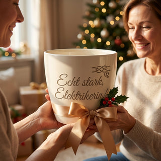 Personalisierter Blumentopf mit Gravur — Geschenk Elektrikerin Berufseinstieg — als persoenliche Geschenk-Uebergabe