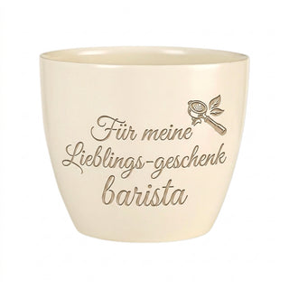 Personalisierter Blumentopf mit Gravur — Geschenk für Barista — Detailansicht der Lasergravur