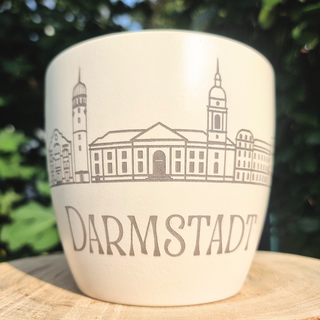 Beiger Darmstadt-Topf mit eingravierter Darmstädter Skyline und Schriftzug "Darmstadt".