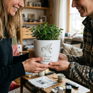 Uebergabe des personalisierten Blumentopfs als Geschenk zur Geburt