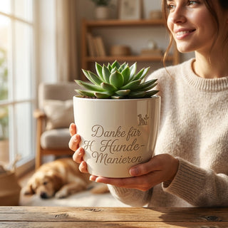Personalisierter Blumentopf mit Gravur — Geschenk Hundetrainerin Abschied — im Wohnambiente