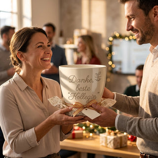 Geschenk für Verwaltungsfachangestellte mit Gravur: Danke, beste Kollegin — als persoenliche Geschenk-Uebergabe