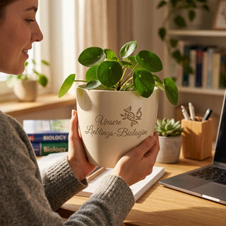 Blumentopf mit Lasergravur 'Unsere Lieblings-Biologin' — Geschenk für Biologin — im Wohnambiente