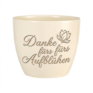 Blumentopf mit Gravur "Danke fürs Aufblühen" - Geschenk Integrationshelfer — Detailansicht der Lasergravur