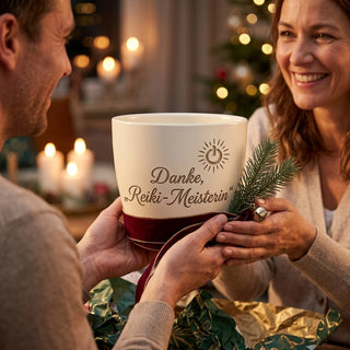 Personalisierter Blumentopf mit Gravur — Danke Geschenk Reiki-Meisterin — als persoenliche Geschenk-Uebergabe