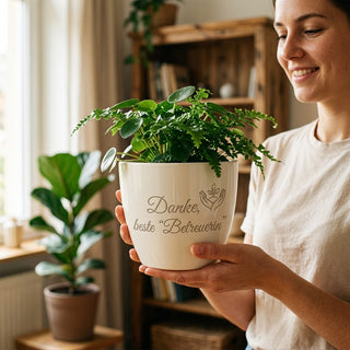 Personalisierter Blumentopf mit Gravur — Danke Geschenk Seniorenbetreuerin — im Wohnambiente