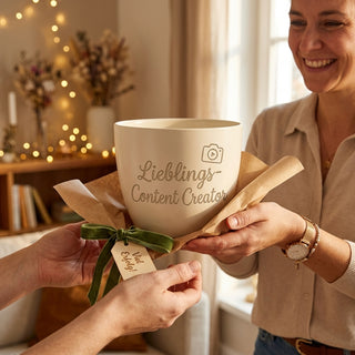 Personalisierter Blumentopf — Geschenk Content Creator Abschied — als persoenliche Geschenk-Uebergabe