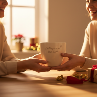 Personalisierter Blumentopf mit Gravur — Geschenk Backend Entwickler — als persoenliche Geschenk-Uebergabe