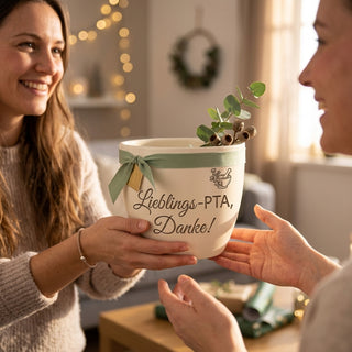 Personalisierter Blumentopf mit Gravur — Dankeschön Geschenk für PTA — als persoenliche Geschenk-Uebergabe