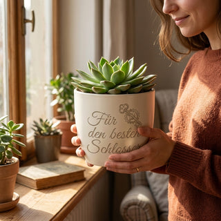 Personalisierter Blumentopf mit Gravur — Geschenk Schlosser zur Pensionierung — im Wohnambiente