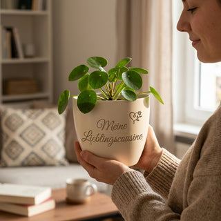 Personalisierter Blumentopf mit Gravur — Geschenk Cousine Geburtstag — im Wohnambiente