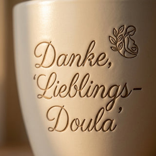 Personalisierter Blumentopf mit Gravur — Dankeschön für deine Wochenbett-Doula — Detailaufnahme