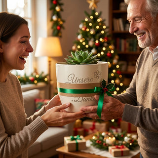 Personalisierter Blumentopf mit Gravur — Geschenk Physikerin Danke — als persoenliche Geschenk-Uebergabe