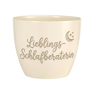 Personalisierter Blumentopf mit Gravur — Geschenk Schlafberaterin Danke Abschied — Detailansicht der Lasergravur