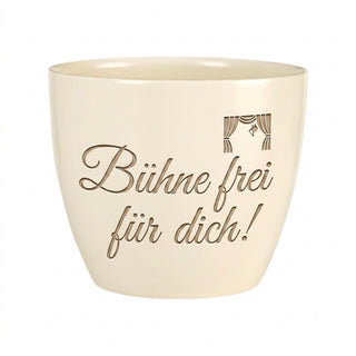 Personalisierter Blumentopf „Bühne frei für dich!“ — Geschenk Schauspielerin — Detailansicht der Lasergravur