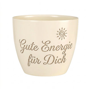 Geschenk für Feng Shui Beraterin – Blumentopf mit Gravur Gute Energie für Dich — Detailansicht der Lasergravur
