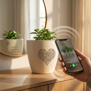 Sprachtopf: herzförmigen QR-Code mit dem Handy scannen und persönliche Sprachnachricht hören – Gravur-Design auf der Rückseite