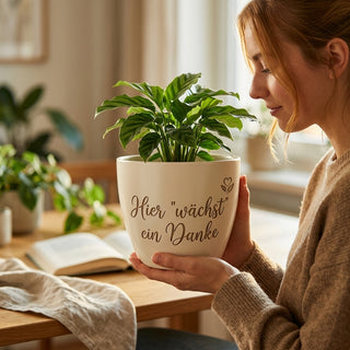 Personalisierter Blumentopf mit Gravur — Danke Geschenk Verkäuferin Abschied — im Wohnambiente