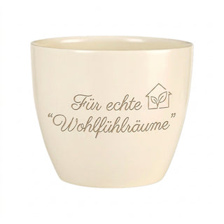Personalisierter Blumentopf mit Gravur — Geschenk Raumausstatter & Einrichter — Detailansicht der Lasergravur