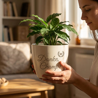 Personalisierter Blumentopf 'Danke, Champ!' — Geschenk für Sportlerin — im Wohnambiente