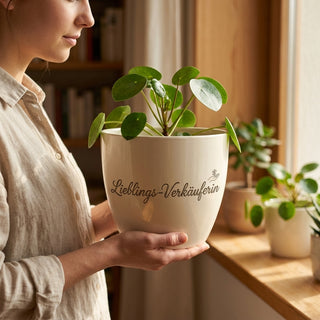 Personalisierter Blumentopf mit Gravur — Geschenk Einzelhandelskauffrau Abschied — im Wohnambiente