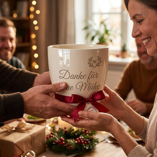 Personalisierter Blumentopf mit Gravur — Geschenk Raumpfleger Dankeschön — als persoenliche Geschenk-Uebergabe