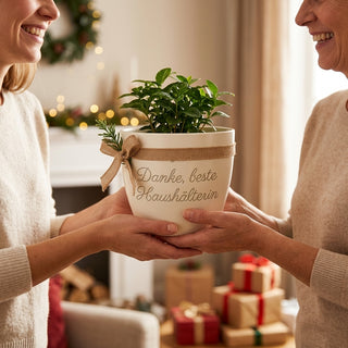 Personalisierter Blumentopf mit Gravur — Danke Geschenk Haushälterin — als persoenliche Geschenk-Uebergabe