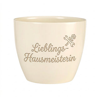 Personalisierter Blumentopf mit Gravur 'Lieblings-Hausmeisterin' — Geschenk für Hausmeisterin — Detailansicht der Lasergravur