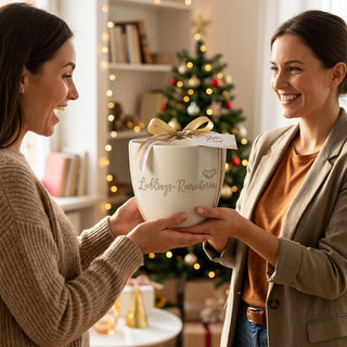 Personalisierter Blumentopf mit Gravur — Geschenk Recruiterin Dankeschön — als persoenliche Geschenk-Uebergabe