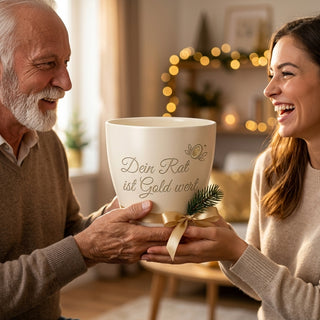 Persönliches Geschenk für Finanzberaterinnen – Blumentopf mit Gravur — als persoenliche Geschenk-Uebergabe