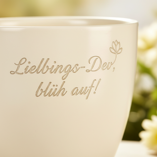 Personalisierter Blumentopf mit Gravur — Geschenk Backend Entwickler — Detailaufnahme