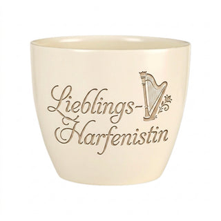 Personalisierter Blumentopf mit Gravur — Geschenk für Harfenistin — Detailansicht der Lasergravur