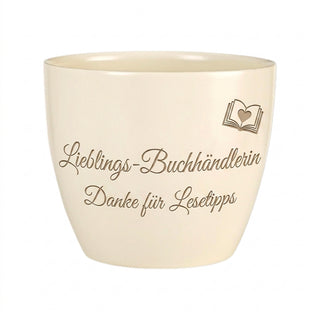 Blumentopf mit Gravur — Geschenk Buchhändlerin Abschied oder Dankeschön — Detailansicht der Lasergravur
