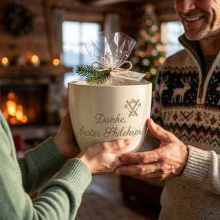 Einzigartiger Blumentopf mit Gravur für den besten Skilehrer – Geschenk für Ski-Lehrer — als persoenliche Geschenk-Uebergabe