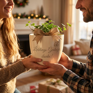 Personalisierter Blumentopf mit Gravur — Geschenk Geologe zur Verabschiedung — als persoenliche Geschenk-Uebergabe