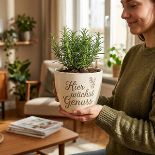 Personalisierter Blumentopf mit Gravur — Geschenk Sommelier & Weinliebhaber — im Wohnambiente