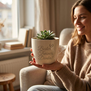 Personalisierter Blumentopf mit Gravur — Geschenk Handballtrainer — im Wohnambiente