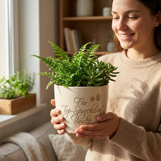 Personalisierter Blumentopf mit Gravur — Geschenk Nachrichtensprecherin — im Wohnambiente