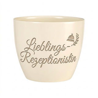 Blumentopf »Lieblings-Rezeptionistin« mit Gravur — Geschenk Rezeptionistin — Detailansicht der Lasergravur