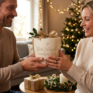Personalisierter Blumentopf mit Gravur — Geschenk Schwester zum Geburtstag — als persoenliche Geschenk-Uebergabe
