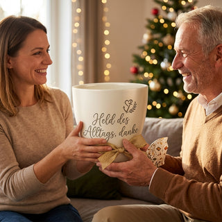 Personalisierter Blumentopf mit Gravur — Geschenk für Beamte zur Pensionierung — als persoenliche Geschenk-Uebergabe
