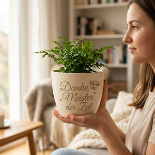 Personalisierter Blumentopf mit Gravur – Geschenk Uhrmacher zur Pensionierung — im Wohnambiente